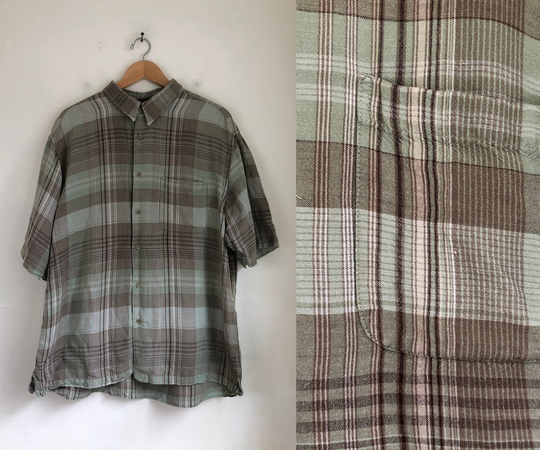 Vintage Mens Linen Blend Shirt | 90S Green Plaid Short Sleeve Size Xl