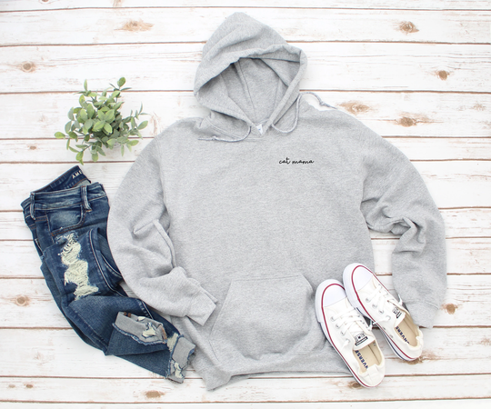 Cat Mama Left Chest Script Heavy Blend Hooded Sweatshirt Hoodie, Mom Mom, 12 Colors