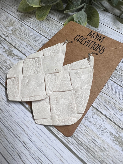Earrings ~ Teardrop White Basketweave Faux Leather Accessories Gift For Her