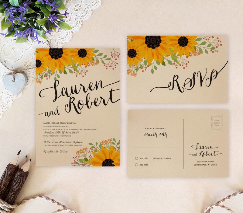 Printed | Rustic Sunflower Wedding Invitation With Rsvp Country, Farm, Barn, Garden, Flowers, Summer, Fall, Custom Invitations