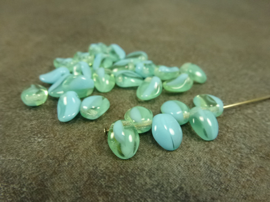 30Pc Green Aqua/Sky Blue Blend Petal Beads, 6x8mm Czech Glass, Tulip Petal, Flower Curved Drop
