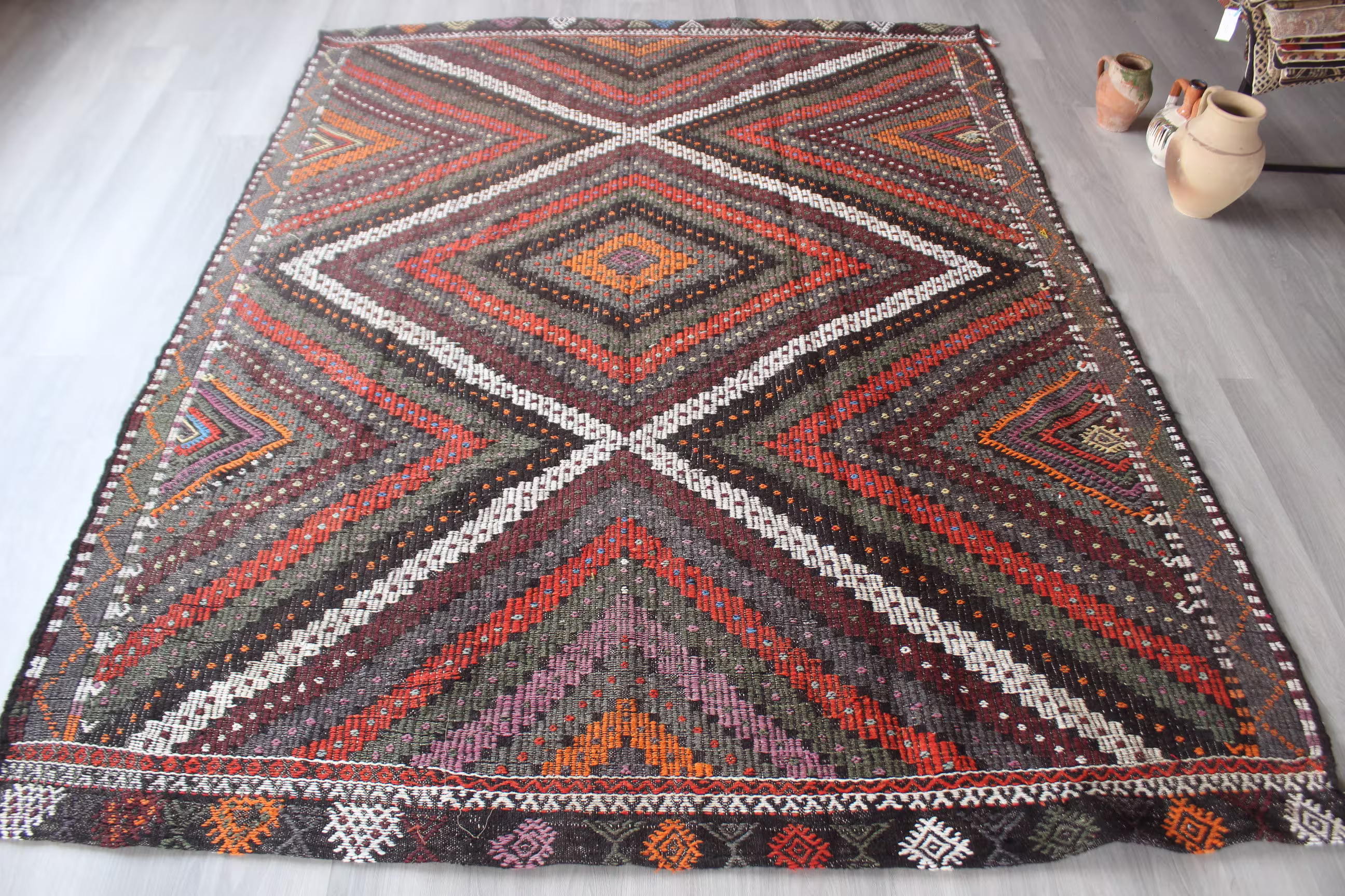 Large Vintage Kilim, Ethnic Turkish Bohemian Kilim Rug, Anatolian Boho /