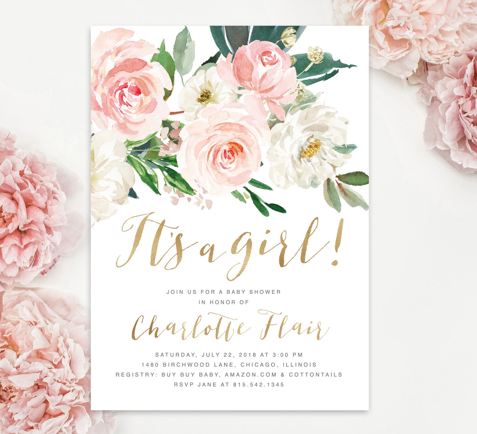 Baby Shower Invitation Girl, It's A Girl Baby Shower Invite, Floral Garden Invite, Blush Pink White Roses, Gold - Charlotte"
