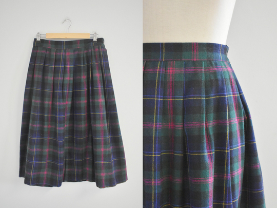 1980S Plaid Wool Blend Midi Skirt
