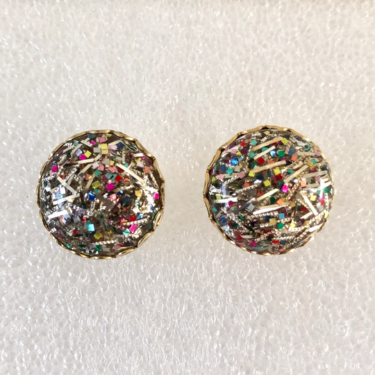 Vintage Earrings Confetti Lucite & Gold Tone Round Posts Midcentury