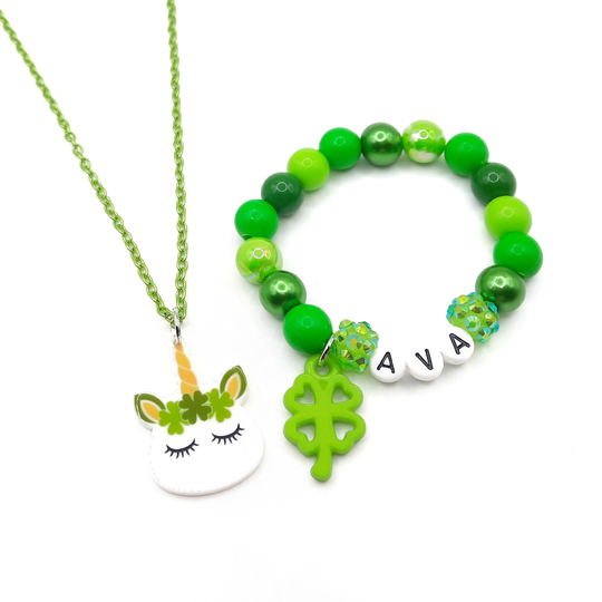 Green Unicorn Name Bracelet Necklace Jewelry St Patricks Set