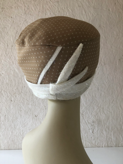 Vintage Latte Polka Dot Cloche Hat With Metalllic Feathers Millinery Large