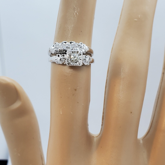 14K Solid White Gold 2 Pc. Bridal Set Vintage Ring/1930's Gift For Her/Wedding