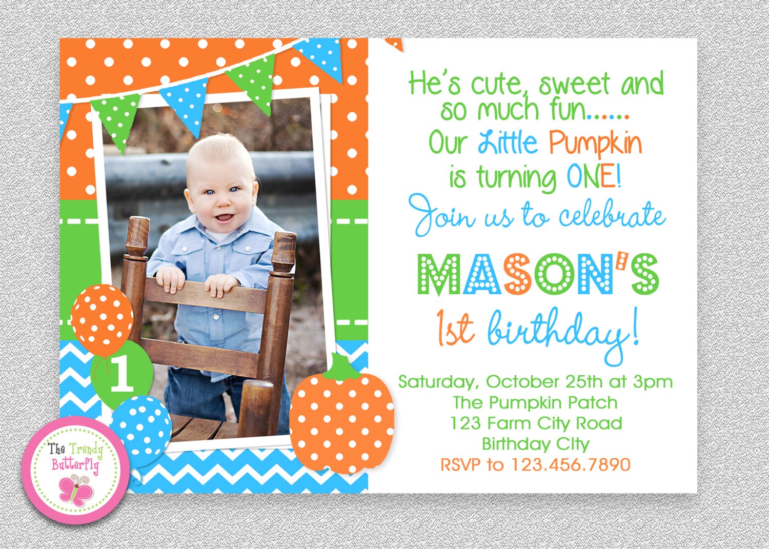 Blue Orange Pumpkin 1st Birthday Party Invitation