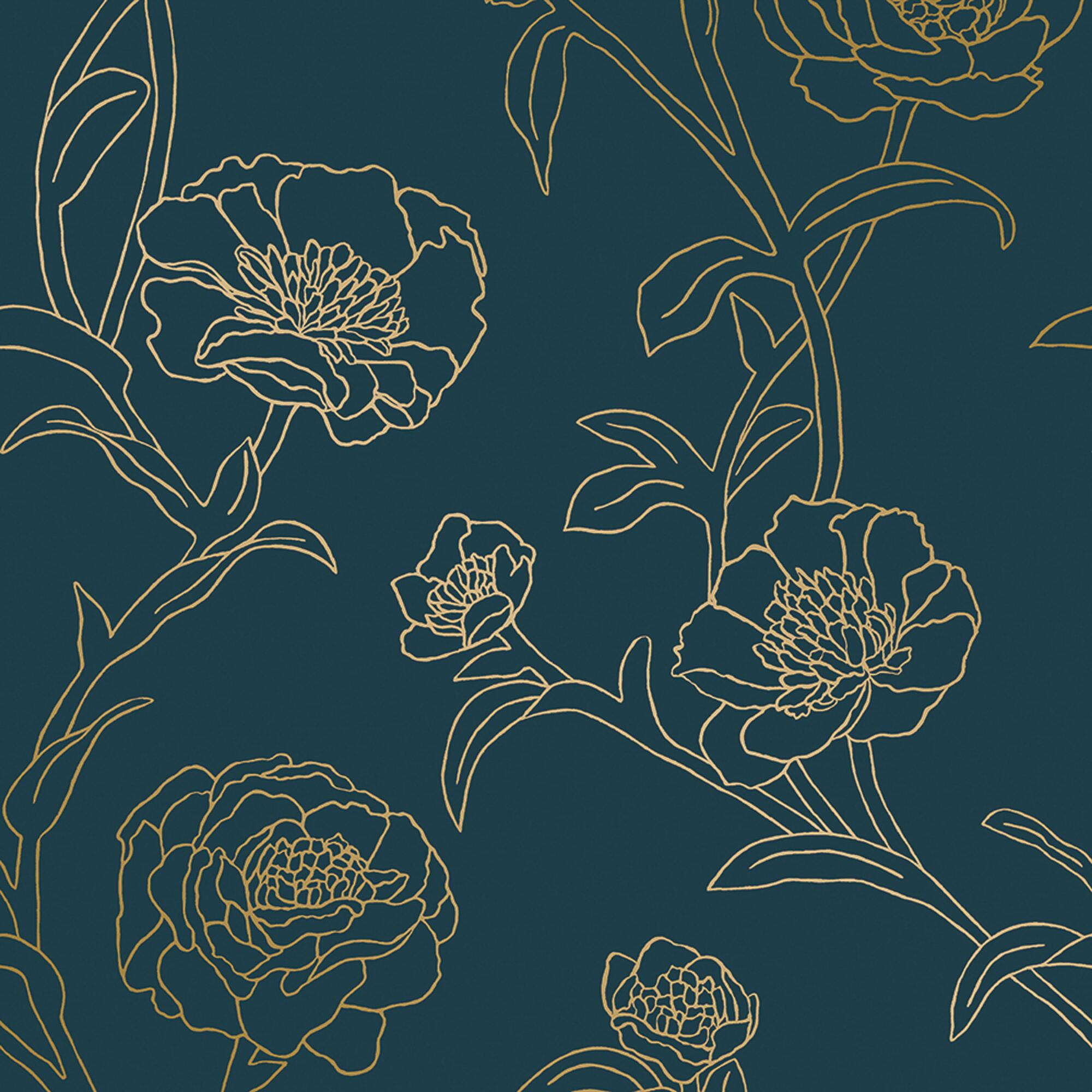 Dark Blue And Gold Peonies Peel And Stick Wallpaper by World Market