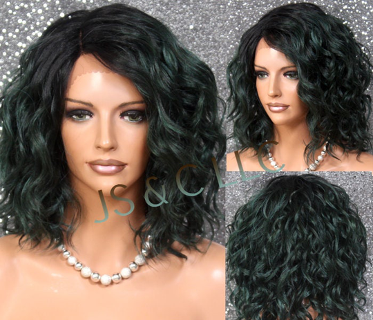 Emerald Green Mixed Human Hair Blend Wig Lace Front L Shape Part Mono Handtied Short Curly Cancer Alopecia Theather Cosplay Drag