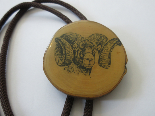 Sheep Bolo Tie, Vintage Handcrafted Ram Longhorn On Wood Tie Ic Lot A1