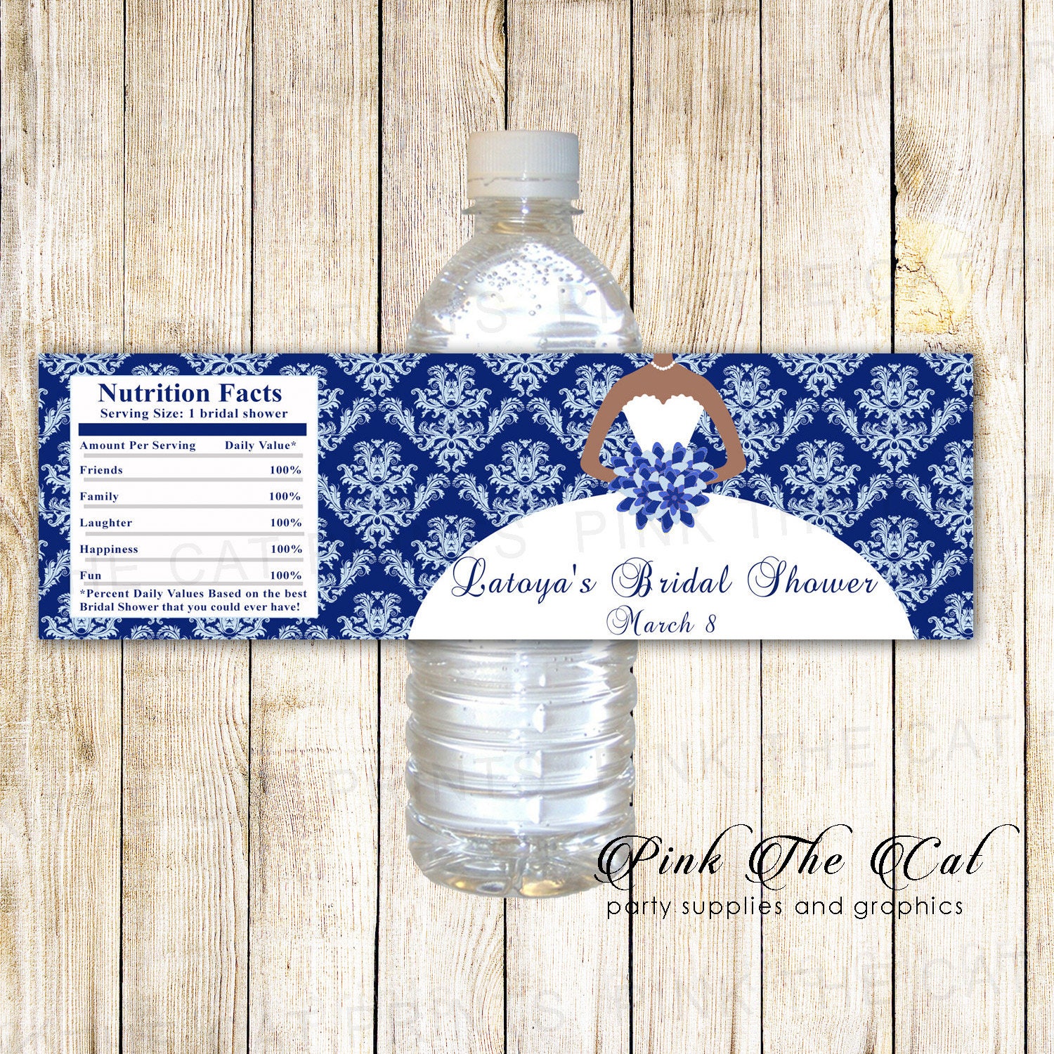 Navy Blue Bridal Shower Water Bottle Labels, African American Bride Dress Wrappers, Printable Wedding Favors Wine Labels