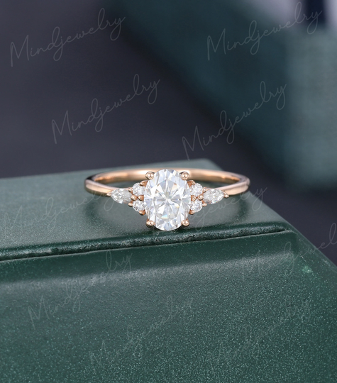 Oval Cut Moissanite Engagement Ring Rose Gold Unique Cluster Women Vintage Marquise Diamond Wedding Bridal Anniversary Gift