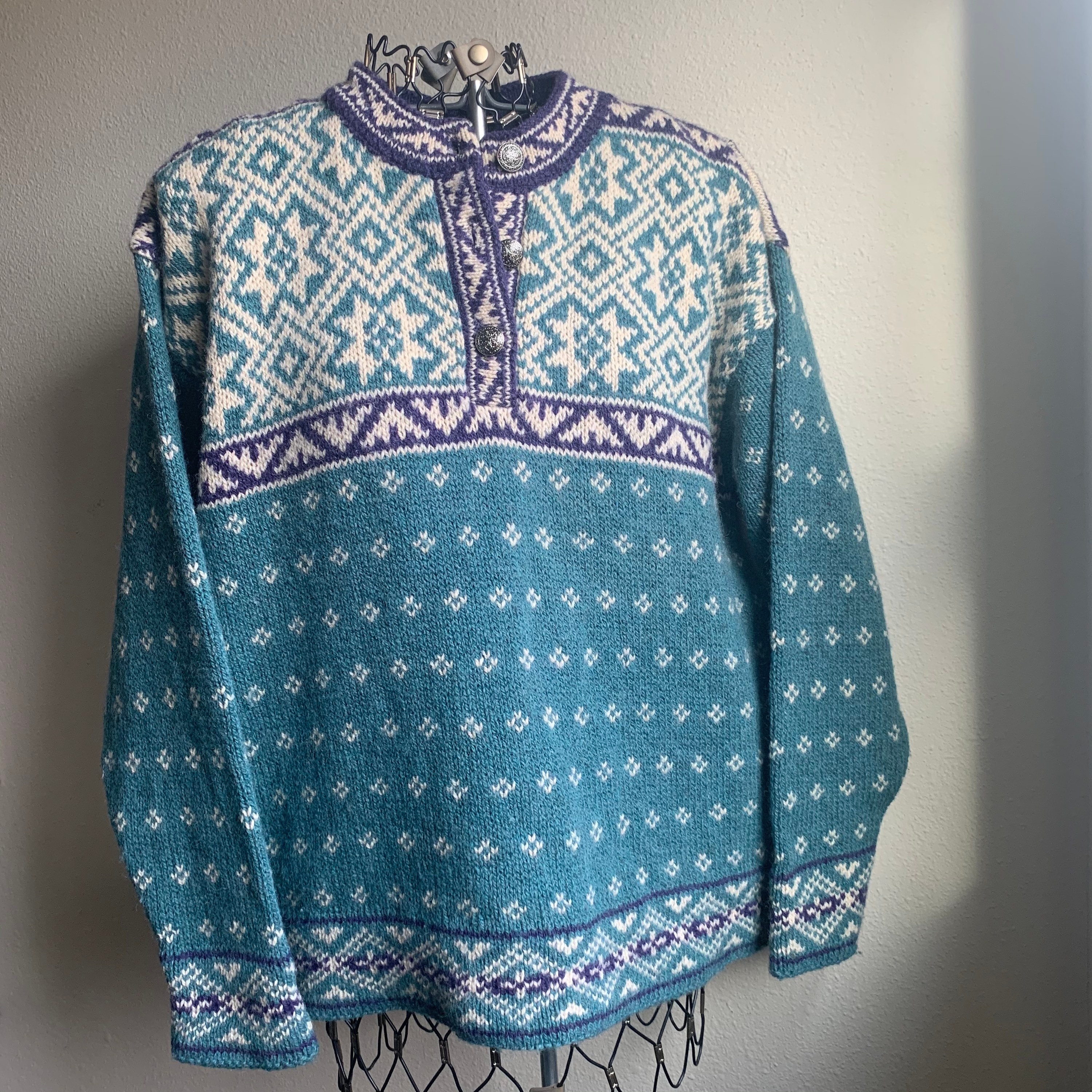 Vintage L.l. Bean Wool Blend Teal Purple Sweater Three Button Women's Medium