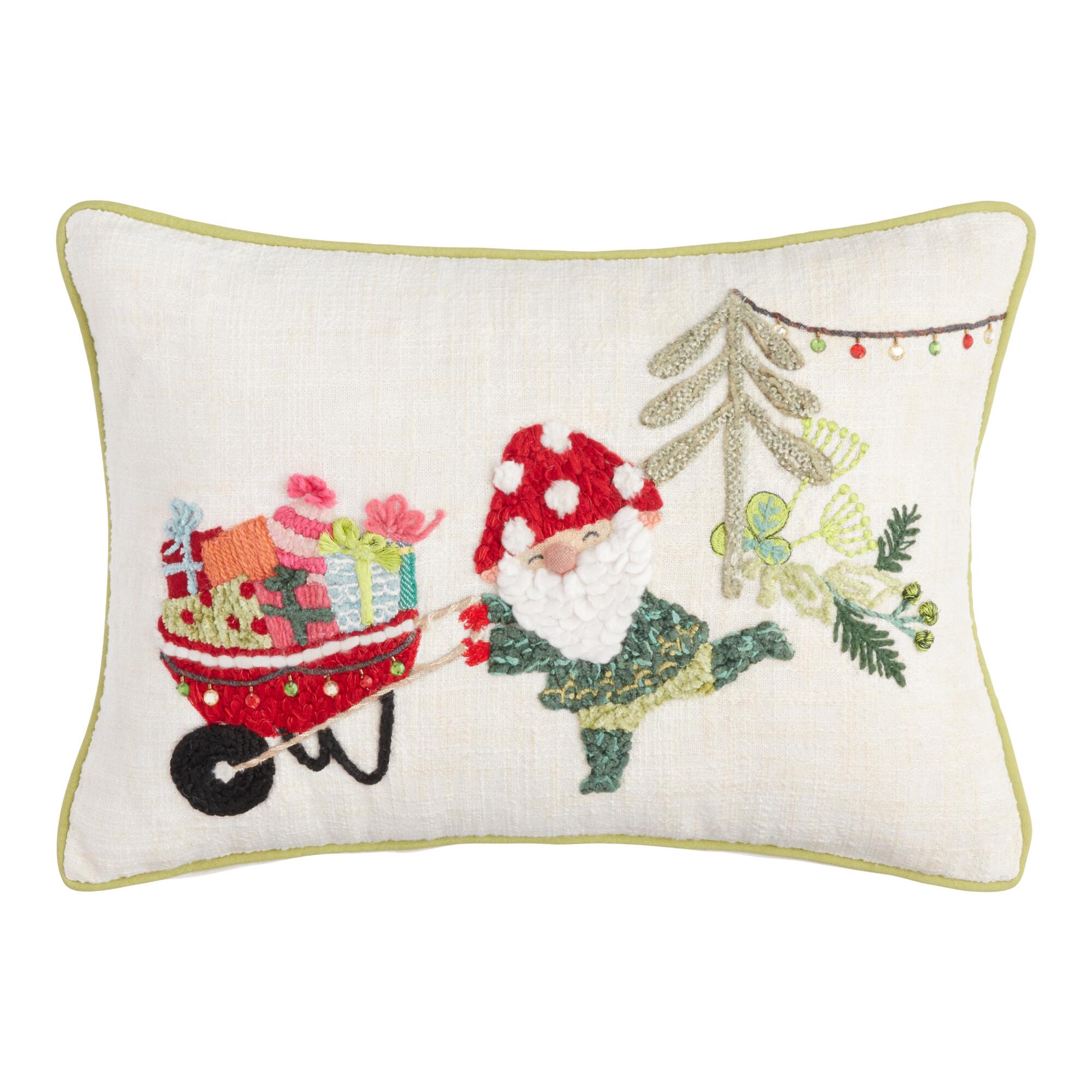 Woodland Gnome With Gifts Lumbar Pillow: Multi/Cream - Cotton by World Market