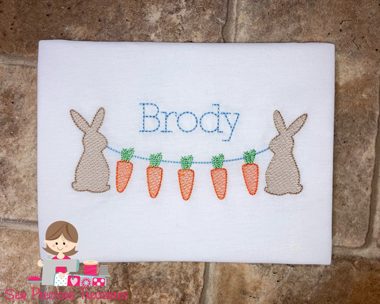 Bunny Rabbits Holding Carrots Shirt-First Easter Bodysuit-Baby Boy Shirt-Toddler Shirt-Embroidered-Personalized-Custom