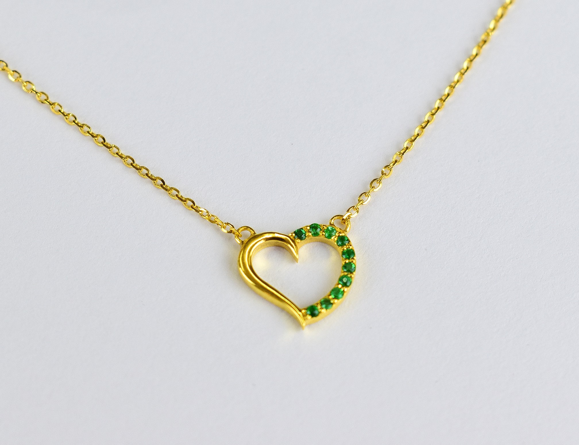 Emerald Heart Necklace/10K 14K 18K Solid Gold Micro Pave Minimalist Layering Valentine Jewelry