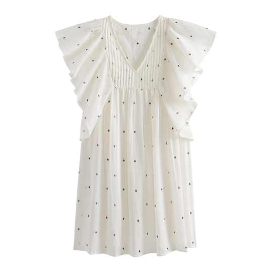 White And Black Diamond Dobby Ruffle Dress - Cotton - Large by World Market