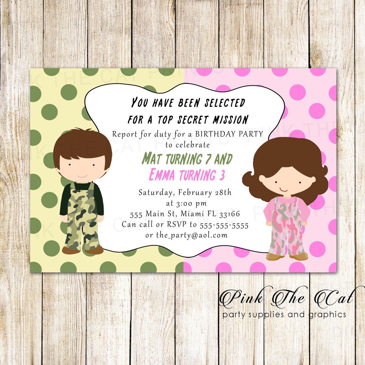 Twins Invitation - Girl Boy Brother Sister Invitations Kids Birthday Camouflage Party Camo
