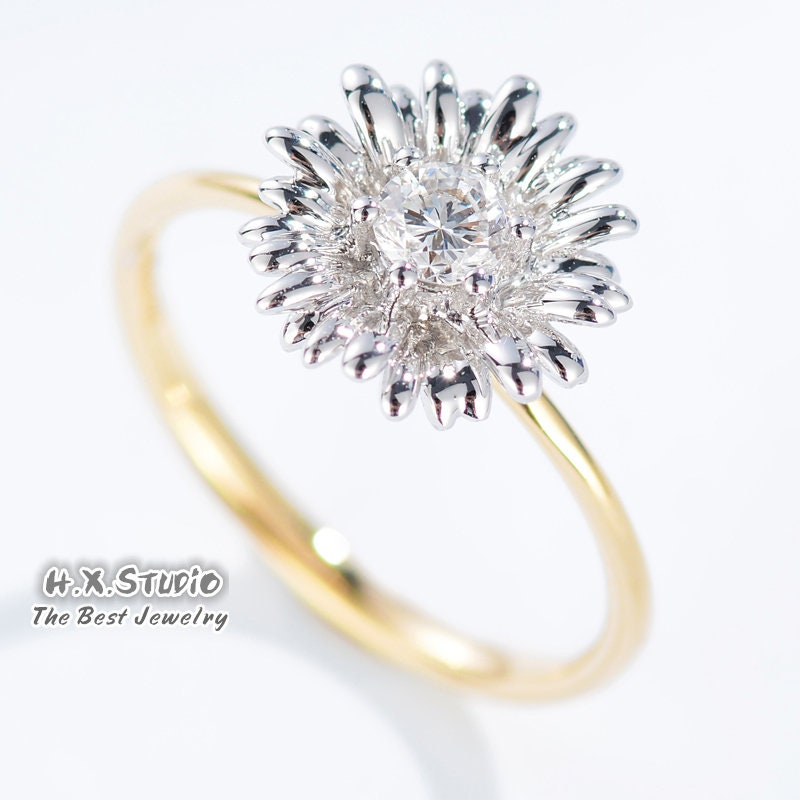 Flower Diamond Ring in Solid Two Tone 18K Gold/Daisy Ring/Custom Fine Jewelry/Personalization Design/Gift For Women & Girls