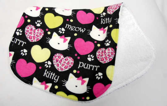 Baby Girl Burp Cloth, Shower Gift, Welcome Gift White Cats & Colorful Hearts On Black, Kitty, Purr, Meow