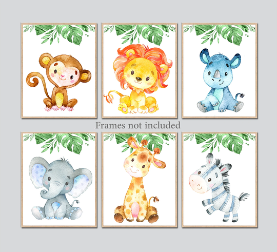Jungle Animal Art Prints Safari Nursery Wall Decor, Baby Boy Room Kids Children Set Of 6 Posters Watercolor