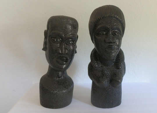 Vintage Matched Pair Of Carved Ironwood, African Bust Sculptures, Large & Heavy, Superb Craftsmanship. 18" Tall