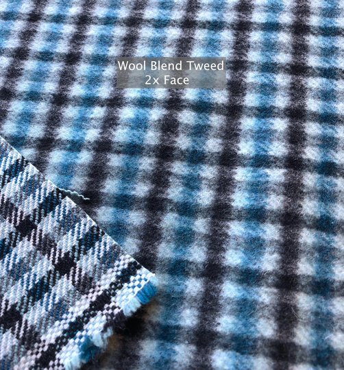 Blue White Tweed, Wool Blend Turquoise Gingham Check, Double Face, Mohair Look, For Suit, Jacket, By 1.98 Meter