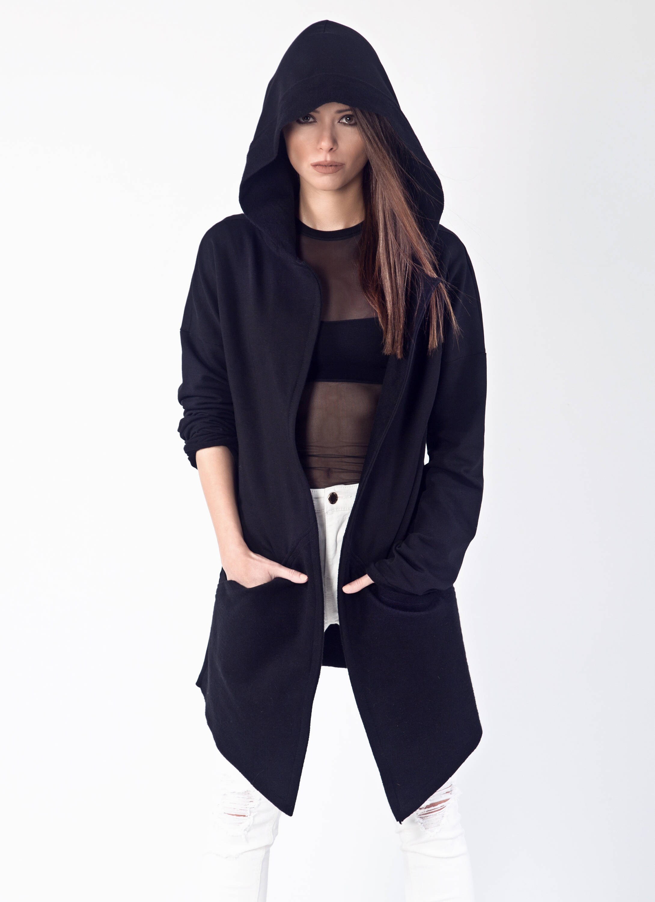 Black Hooded Long Sweatshirt