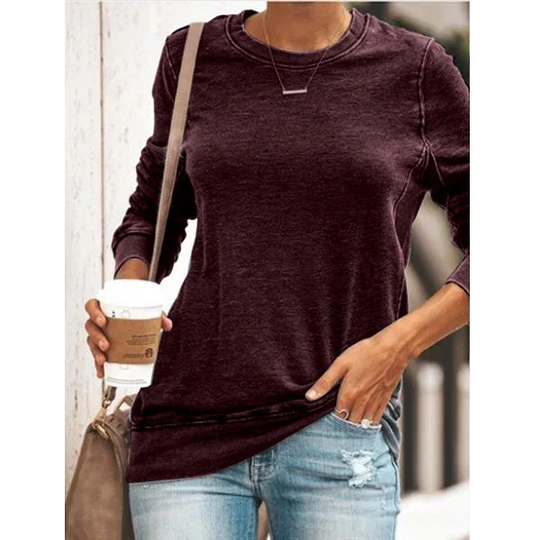 Round Neck Long Sleeve Casual Cotton-Blend Shirts & Tops - Purple, M