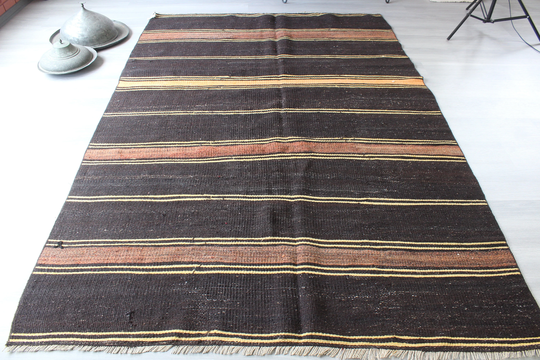 Black Striped Kilim Rug, Ethnic Kilim, Modern Design Bohemian Large/N-1005 4'8"x8'5" Feet