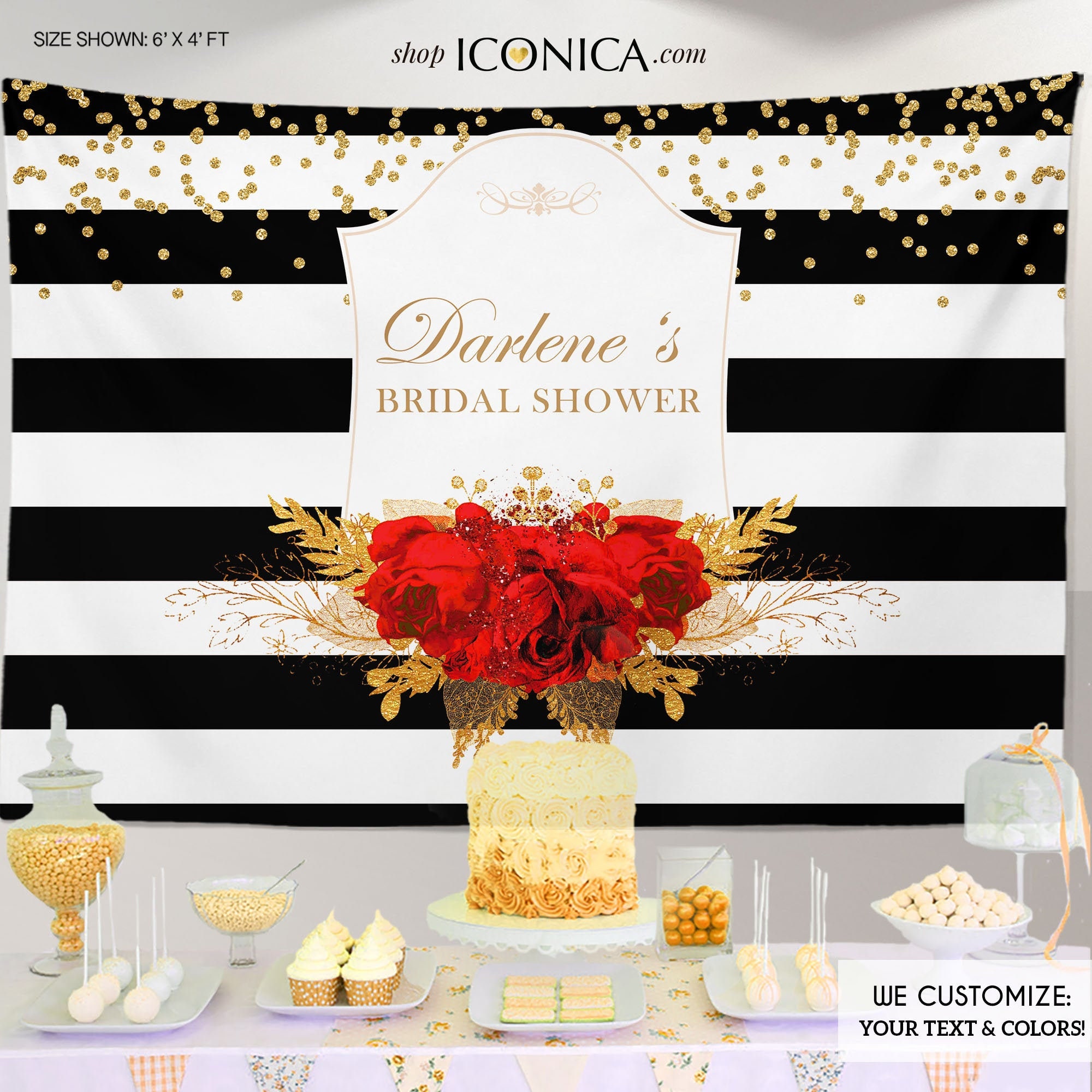 Bridal Shower Backdrop, Black & White Stripes Banner, Floral Red Gold Backdrop, Roses Printed Or Printable File Bbr0036