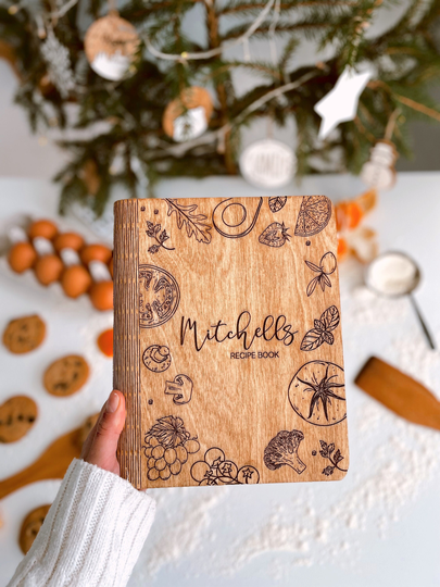Wooden Family Cook Book, Custom Hardcover Recipe Journal With Personalized Book Spine, Housewarming Gift For