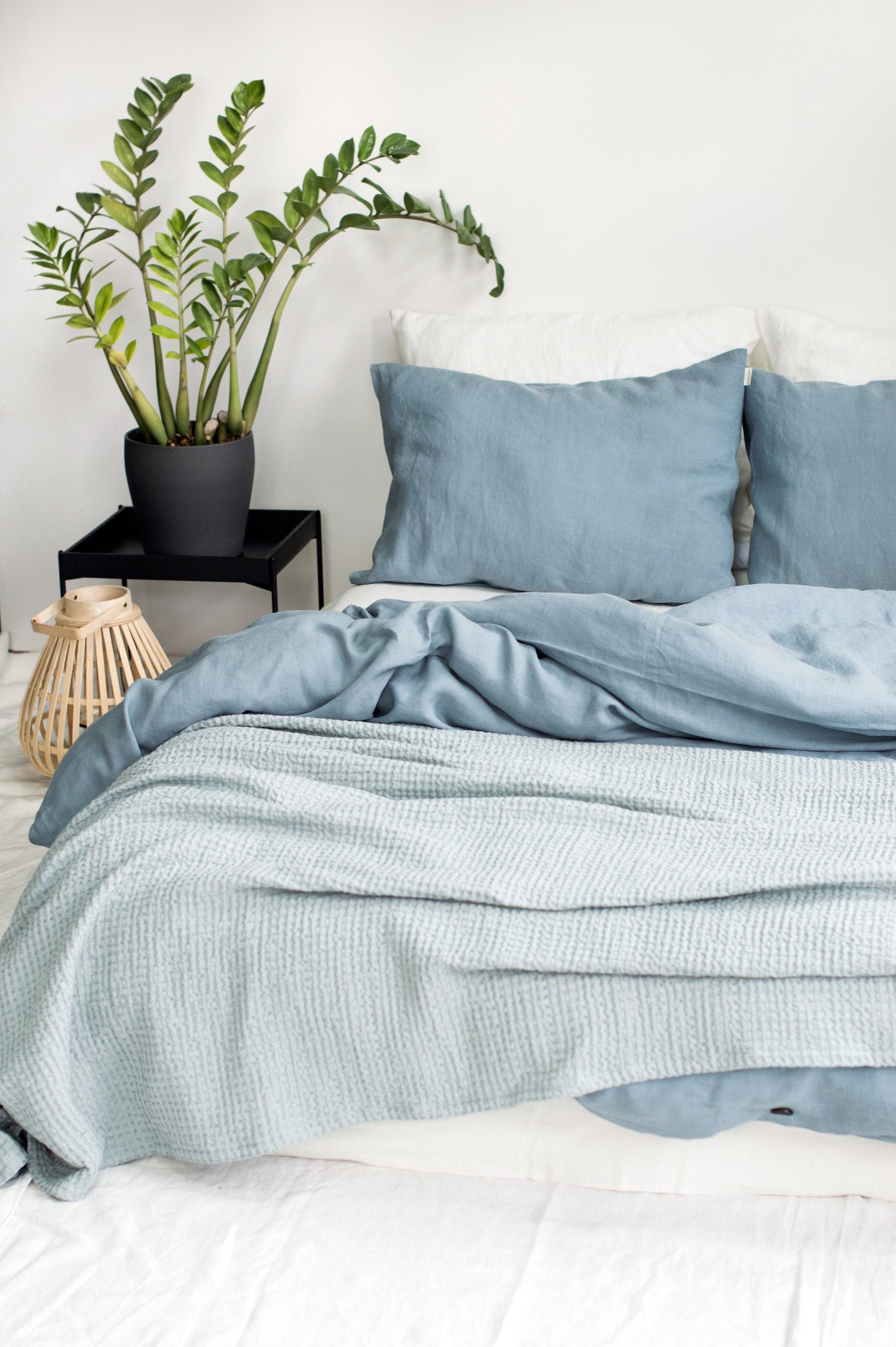 Linen Bedding Set in Dusty Blue. 3 Piece Set 2 Pillowcases & Duvet Cover. King, Queen, Twin, Full, Double Sizes. Light Blue Bedding