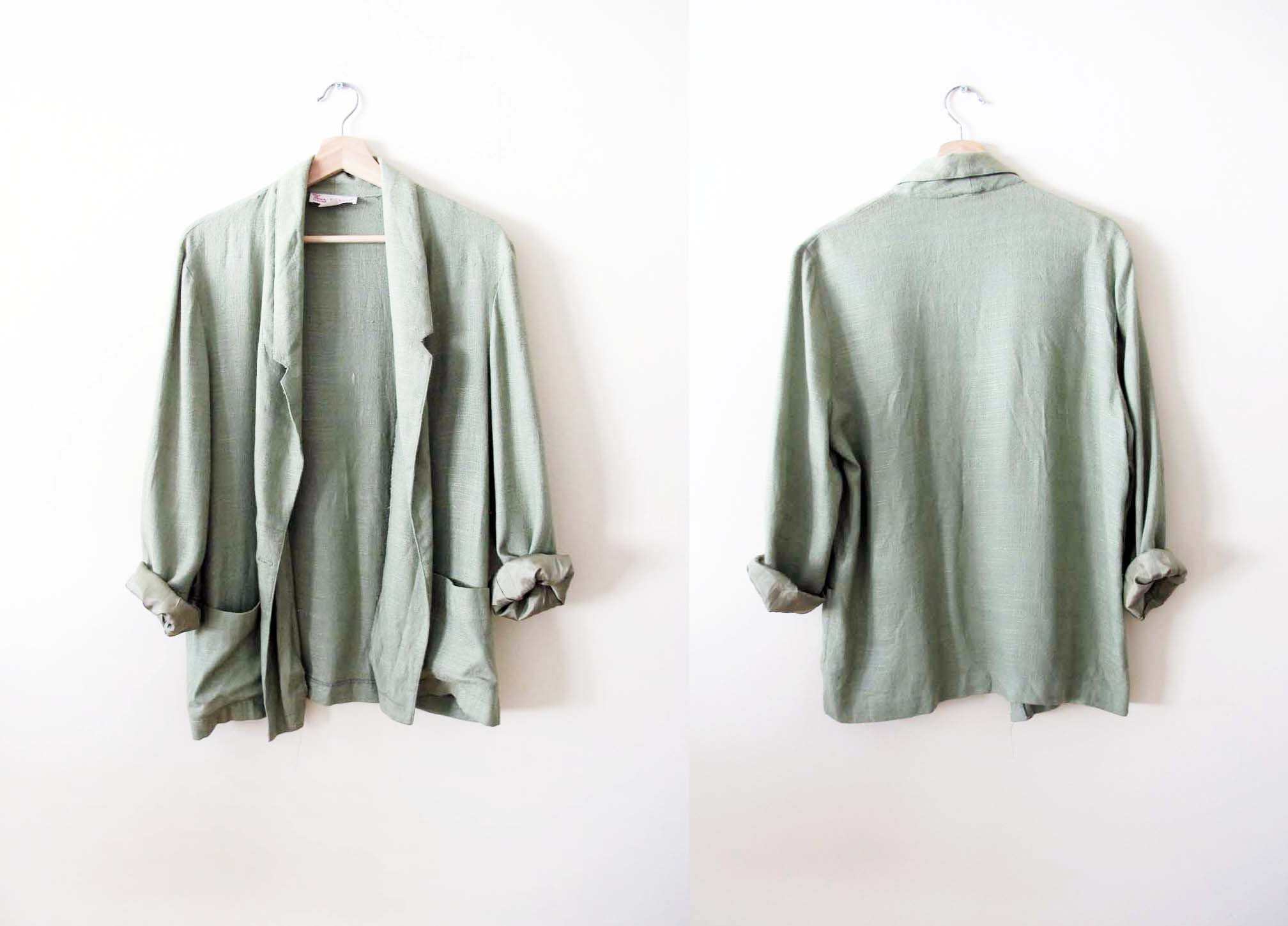 Vintage 90S Linen Blend Jacket M - 1990S Sage Green Slouchy Chore Earth Tone Clothing Casual Baggy