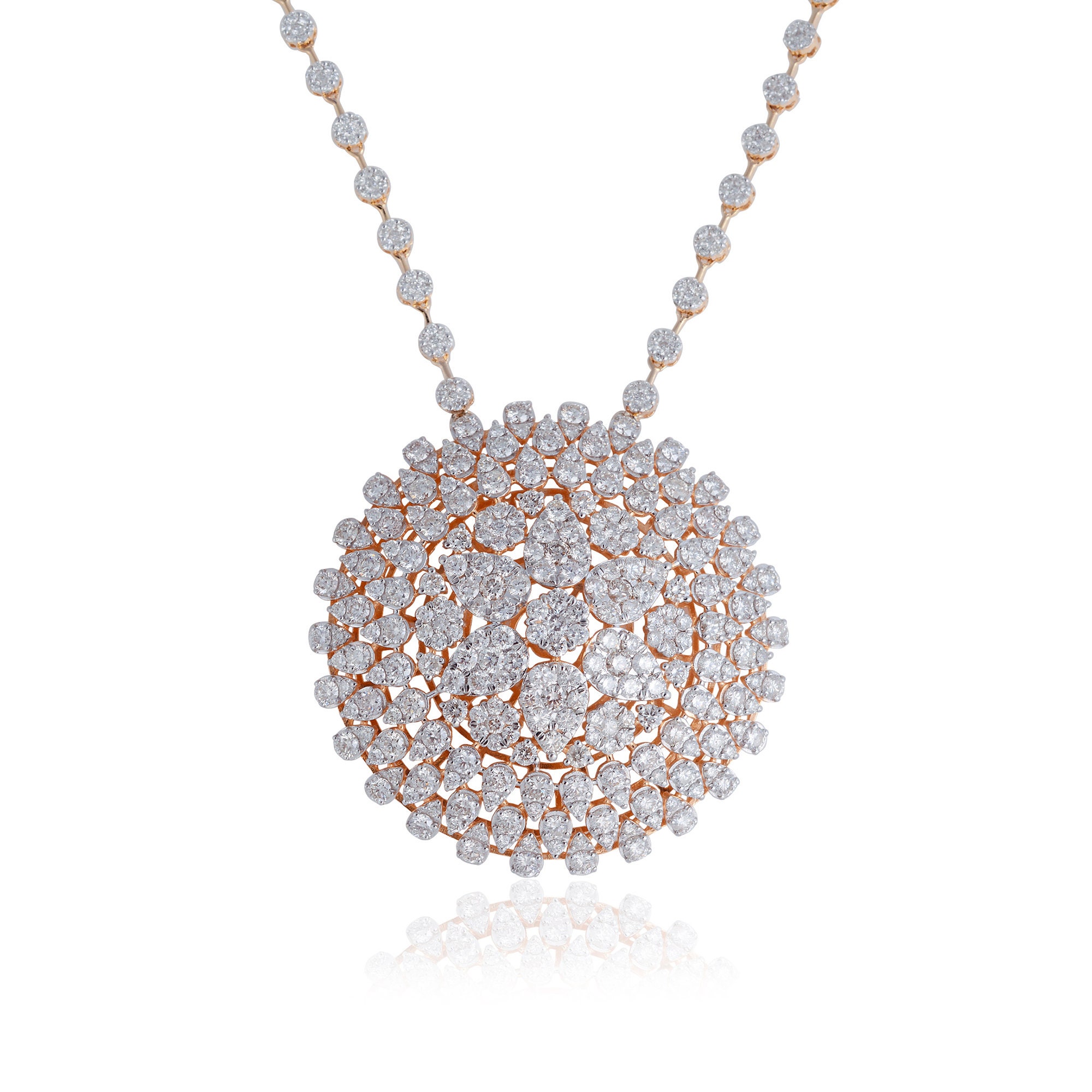 Natural 18.20 Ct. Hi Color Si Clarity Round Diamond Designer Flower Pendant Solid 14K Gold Necklace Handmade Jewelry