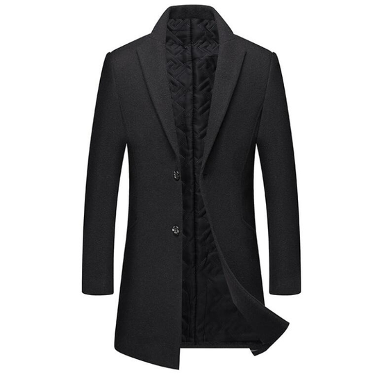 Men's Mid-Length Single Breasted Wool Blend Trench Coat - BLACK, S