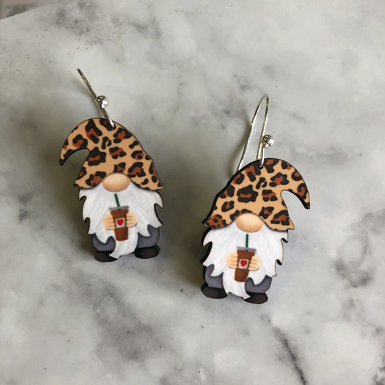 Iced Coffee Gnome Earrings, Leopard Cheetah Earrings