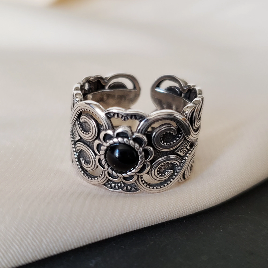 Black Onyx Thumb Ring, Hollow Wide Band Chunky Ornate Vintage Antique Silver Boho Gift For Women, Men, Him, Her, Mom