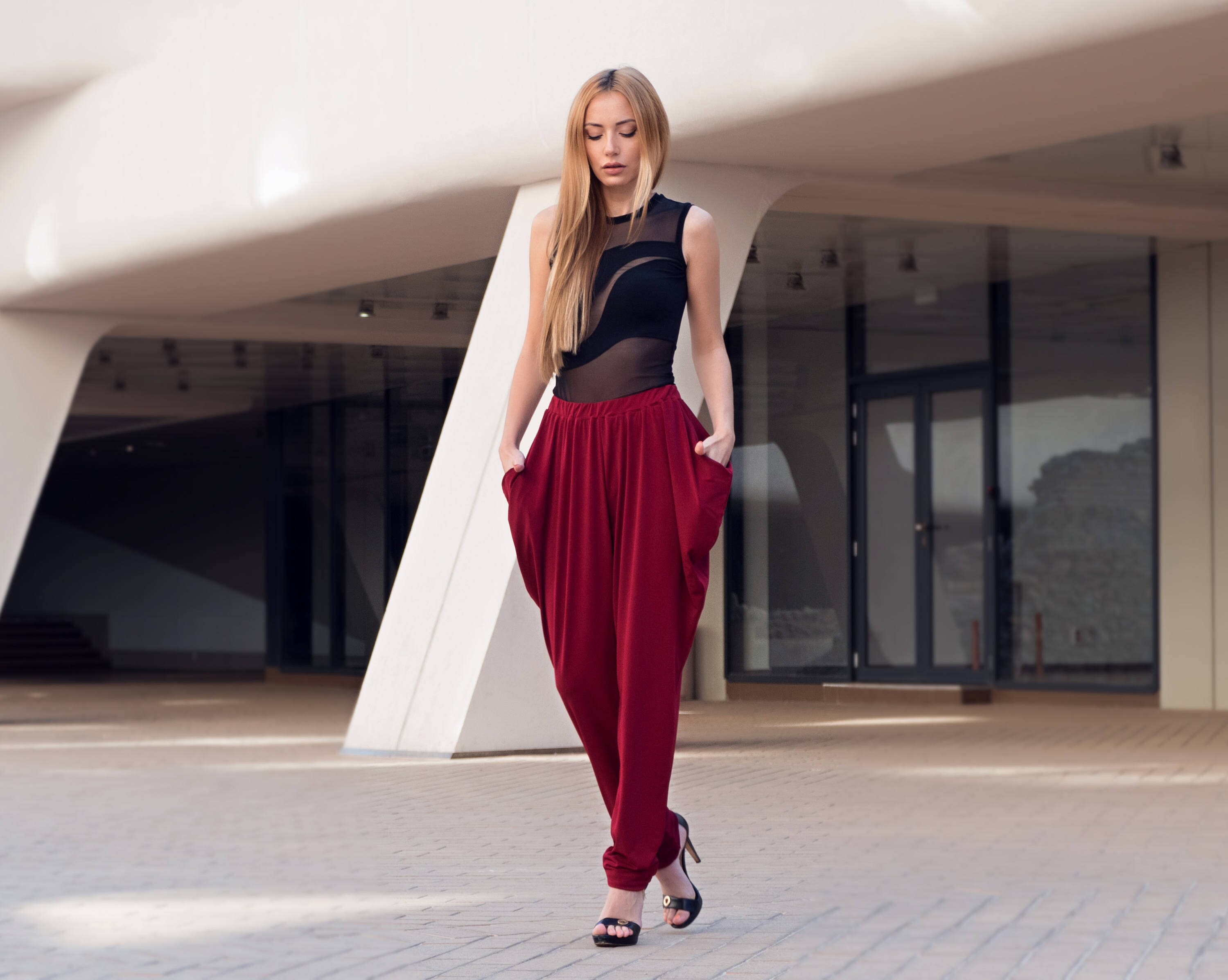 Burgundy Maxi Pants, Harem Loose Pants
