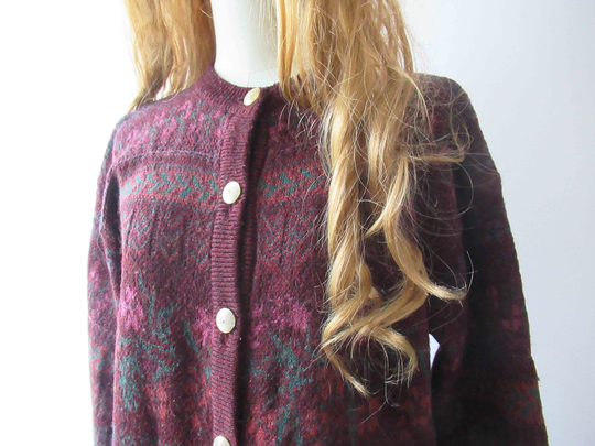 Vintage 80S Wool Blend Berry Cardigan Boxy Small Medium