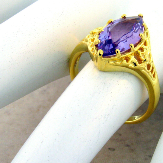 Vintage Estate Natural Marquise Cut Amethyst Solitaire Filigree Ring in 925 Solid Sterling Silver 24K Gold Overlay 1003