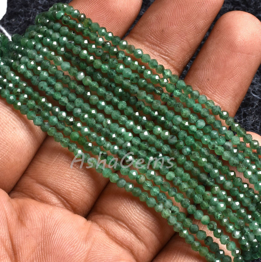 13"Natural Green Emerald Faceted Rondelle Beads Genuine Micro Cut Bead, 2mm Emerald Machine Cut Beads Precious Gemstone
