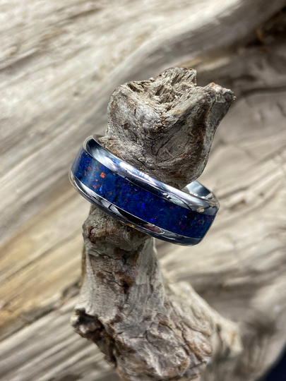 Handmade Inlay Ring, Dark Indigo Opal, Stainless Steel Band, Womens Mens Band