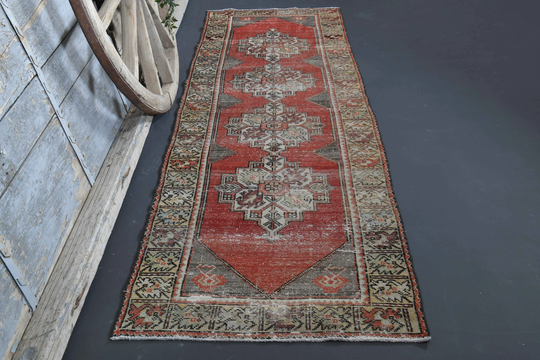 2.9x9.5, Turkish Runner, Red Runner, Authentic Antique Home Boho Runner Rug, Decorative Decor, Faded Beige