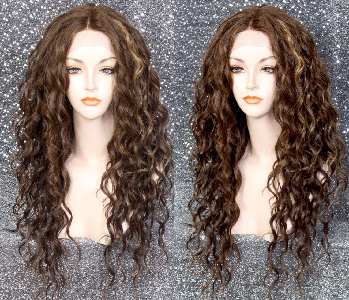 Carmel Brown Blonde Mix Human Hair Blend Lace Front Wig Center Hand Tied Parting Long Curly Layered. Simply Beautiful Cancer Alopecia