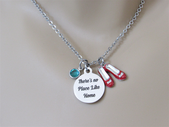 There's No Place Like Home Necklace, Red Ruby Slippers Charm & Birthstone, Wizard Of Oz Jewelry, Dorothy Gift For Daughter