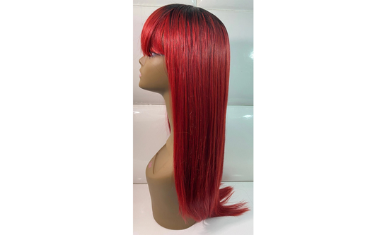 Bright Cherry Red Human Hair Blend Full Wig - Long Straight Bangs Fringe Maroon Alternative Y2K Cyberpunk Anime Cosplay Alt Goth