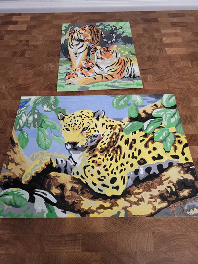 Vintage 1960's Testors Paint By Number Art Hand Painted Set Pair Tiger Leopard Safari Jungle Cat Wall Hanging Decor Americana